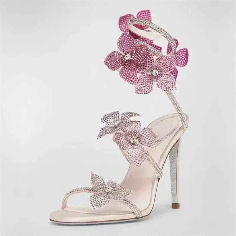 Eilyken Street Style CRYSTAL Flower Thin Heels Women Sandals Sexy Narrow Band Ankle Strap Ladies Shoes Zapatos De Mujer - Lady T Fashions
