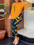 Autumn Women's Clothing New Fashion Print Sexy Backless Round Neck Five Quarter Sleeve Pants Two-piece Casual Comfortable Set - Lady T Fashions