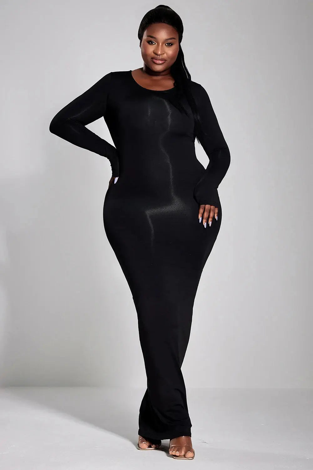 Plus Size Casual Dress Black Round-Neck Long Sleeve Knitted Maxi Dress - Lady T Fashions