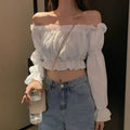 Women Top Sexy Blouse Off Shoulder Top Long Sleeve Solid Color White Shirt Puff Sleeve Ruffle Tunic Crop Top Summer Tube Top - Lady T Fashions