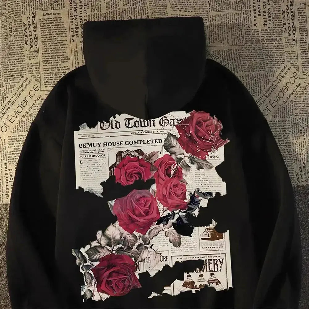 Hoodie Men Graphic Vivid Rose Print Cotton Hoodies American Retro Personality Streetwear Casual Hooded Sweatshirt Men's Clothing - Lady T Fashions
