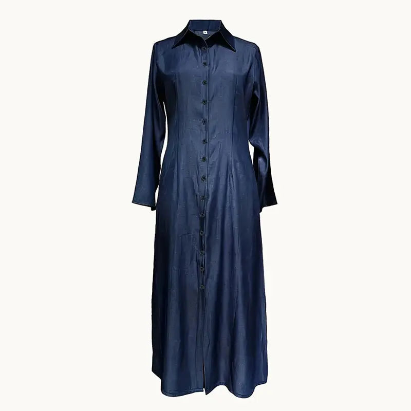 Womens Casual Button Down Denim Maxi Dress Long Sleeve Long Jean Dresses With Pockets Lady T Fashions