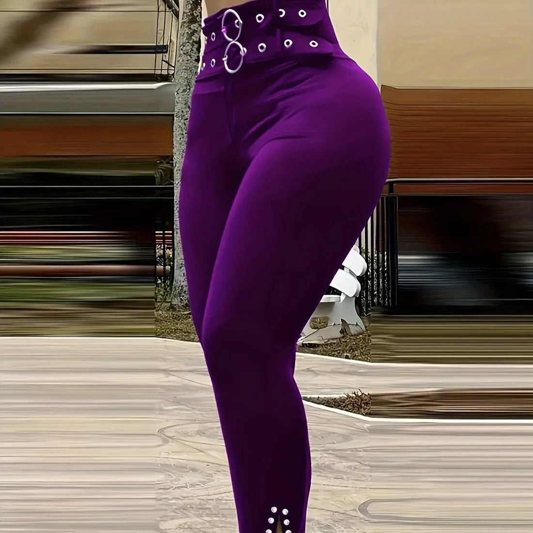 Ladies' Solid Color Fashionable High Waist Sexy Slim Fit With Eyelets Versatile Pants Lady T Fashions