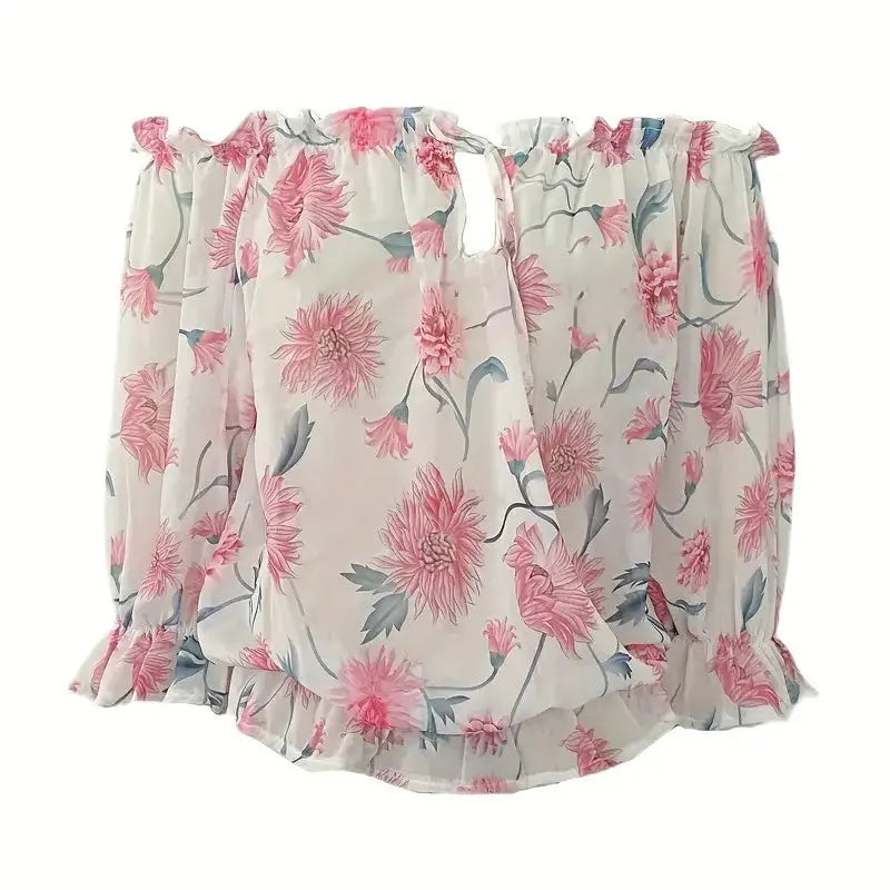 Womens Summer Off Shoulder Blouse Floral Print Ruffle Sleeve Casual Chiffon Tops Shirts Lady T Fashions