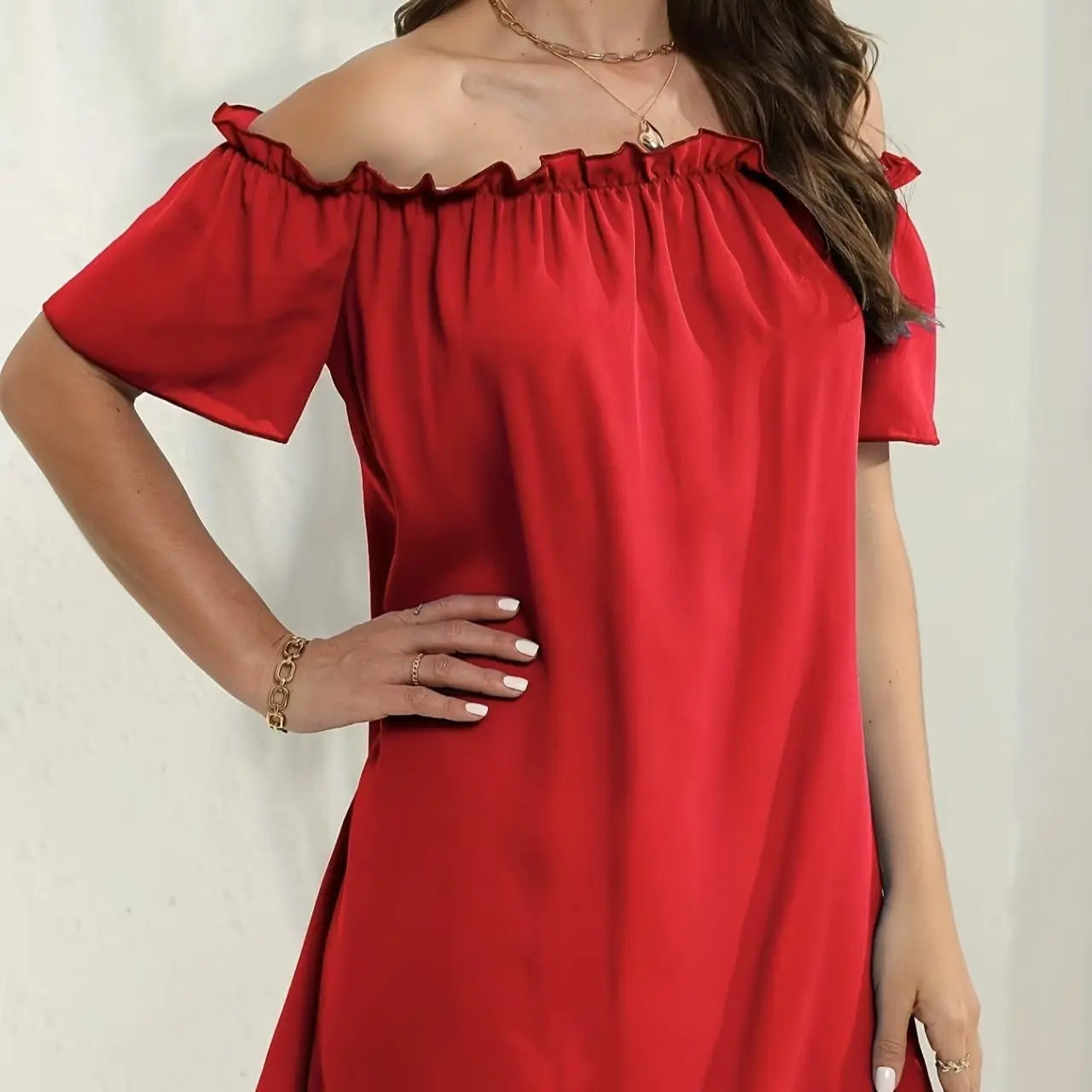 Ladies' Fashion Off Shoulder Ruffle Solid Color Decorative One Shoulder Casual Dress Lady T Fashions