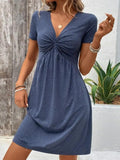 Color Cotton Short Sleeve V-neck Design Chest Twist Waist Dress Lady T Fashions