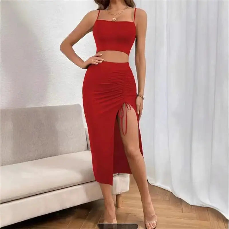 Slim Fit Sleeveless Split Mid-length Dress Set Women Lady T Fashions