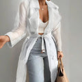 Women's Solid Color Half Sheer Long Sleeve Cardigan With Buttons & Belt - Lightweight Cover-Up For Summer Lady T Fashions