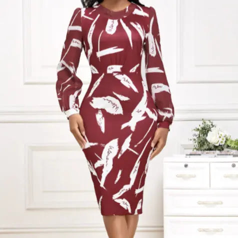 Ladies' Fashionable Round Neck Printed Fashionable Casual Slimming Bag Hip Dress Elegant And Directional Lady T Fashions