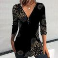 Women's Elegant Floral Print V-Neck Long Sleeve T-Shirt With Zip Detail - Slim Fit Casual Top For Spring&Fall Lady T Fashions