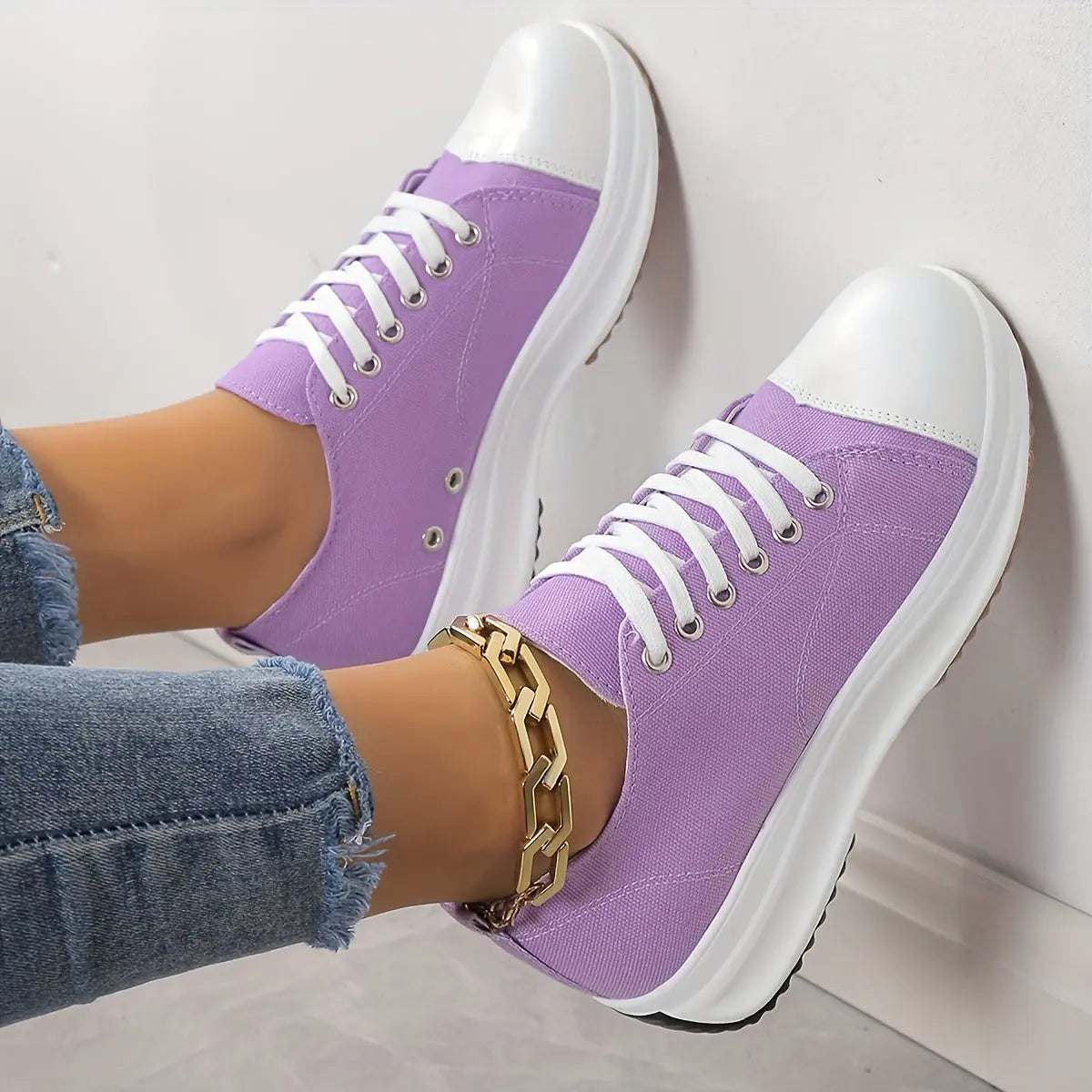Women's Chunky Canvas Shoes, Non Slip Lace Up Casual Sneakers, Thick Sole Running Sports Shoes Lady T Fashions