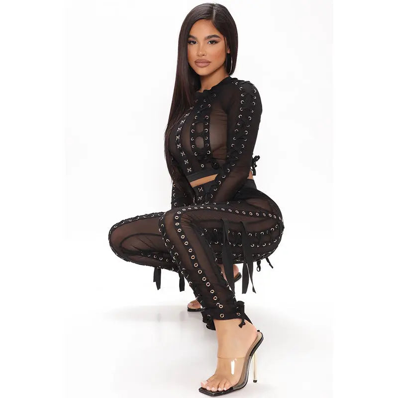 See-through Mesh Decoration Sexy Breathable Pants Strap Two-piece Suit Lady T Fashions