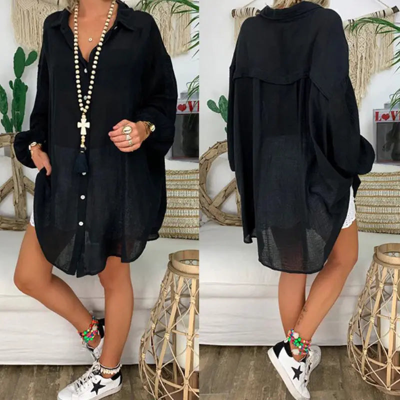 Plus Size Women's Solid Color Notch Lapel Long Sleeve Dress With Button Front Sheer Lightweight Midi Dress For Summer Lady T Fashions