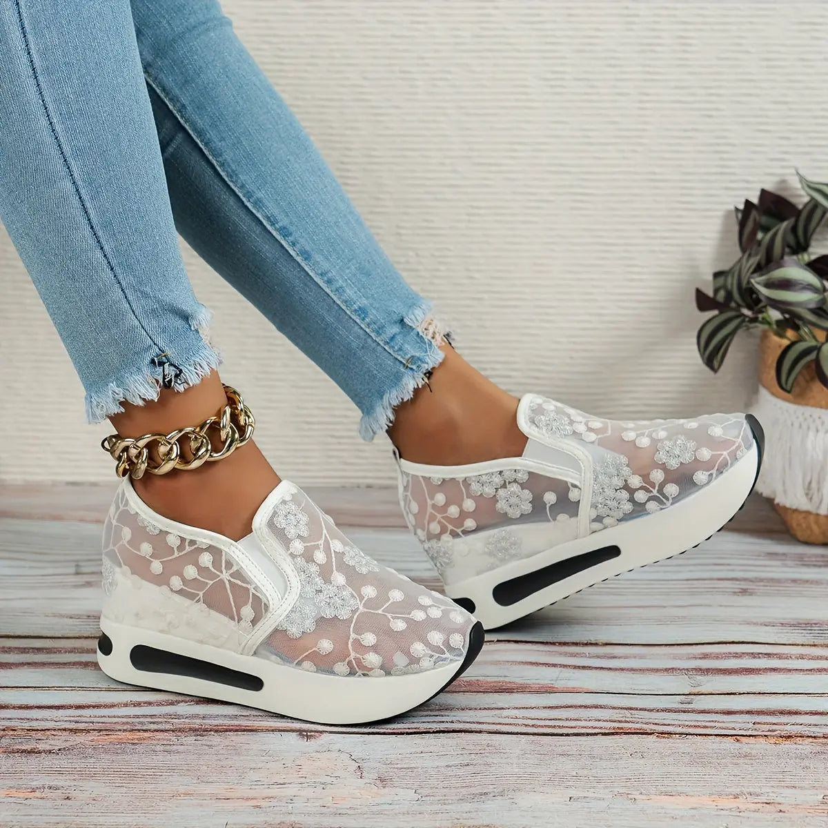 Stunning Floral Lace Platform Shoes - Fashion Sneakers with Height Increasing, Slip-On Design, Low Top Style, and Versatile Casual Wear - Perfect for Everyday Outings and Special Occasions Lady T Fashions