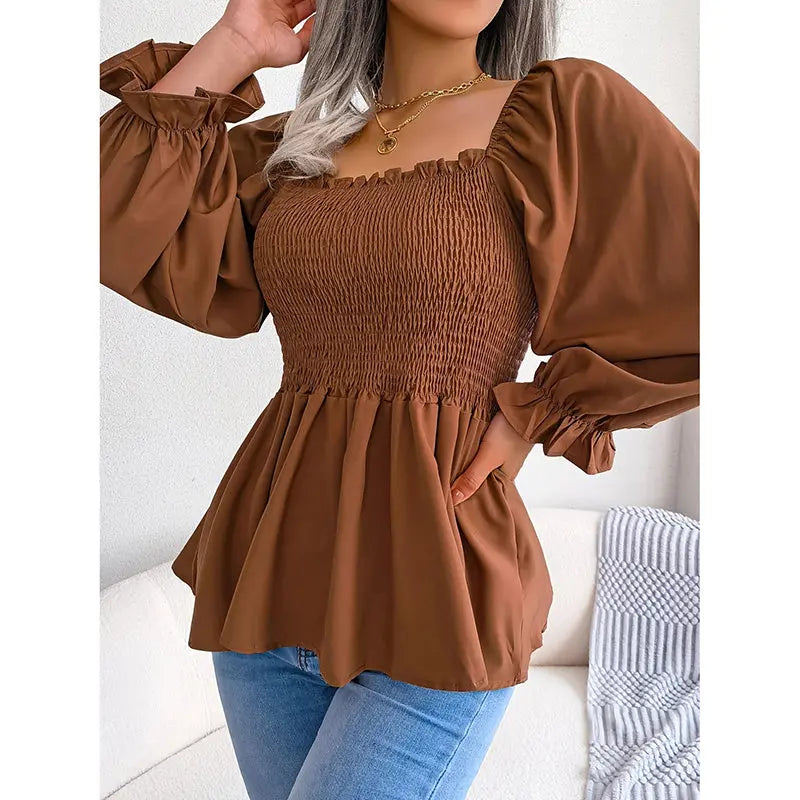 Women's Peplum Tops Square Neck Ruffle Trim Long Sleeve Blouse Smocked Top Dressy Casual Shirts Lady T Fashions