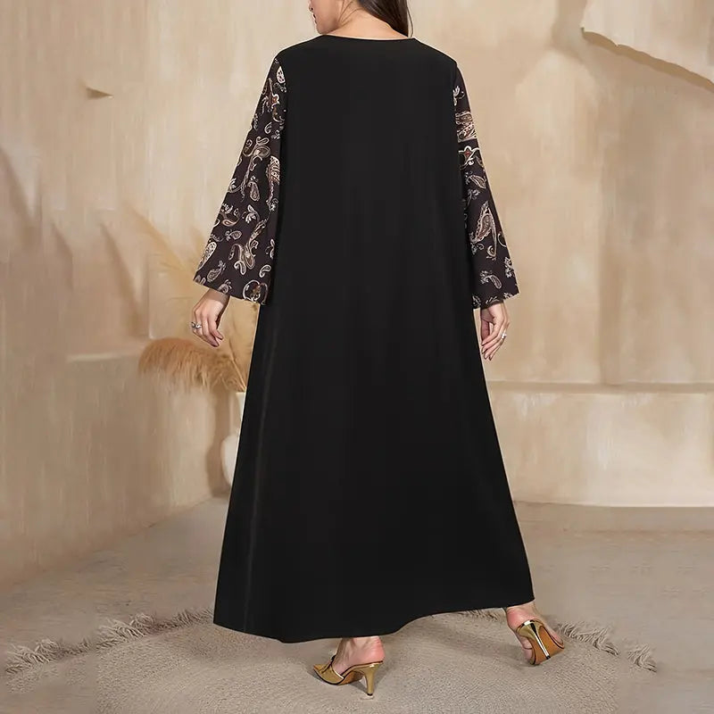 Women's Plus Size Bohemian Floral Printed Maxi Dress, Pleated Front Long Sleeve Crew Neck Loose Fit Lady T Fashions