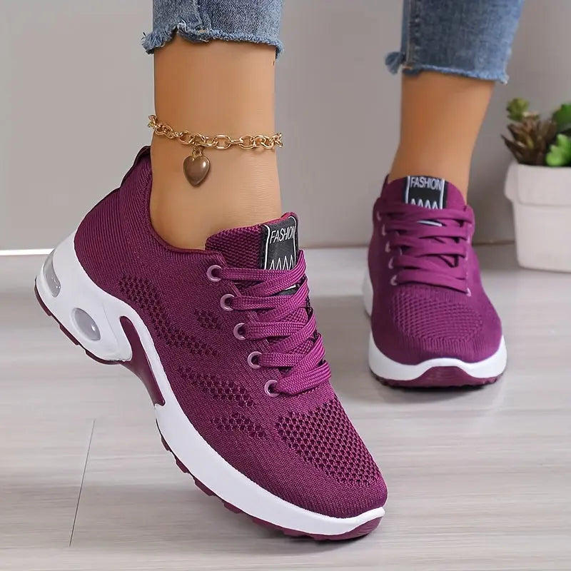 Plus Size Women's Comfortable Air Cushion Low Top Running Sneakers, Lace Up Knitted Outdoor Athletic Shoes Lady T Fashions