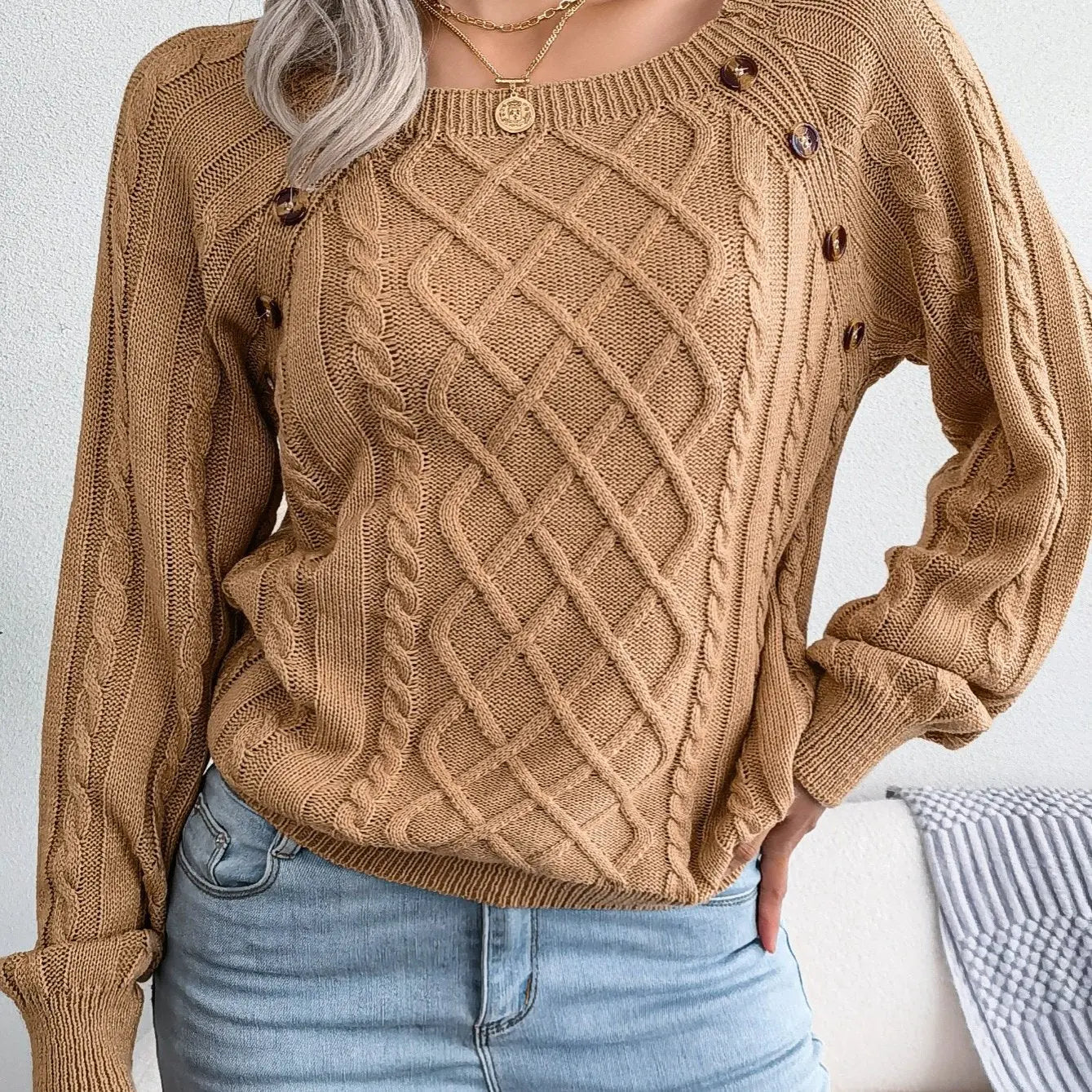 Texture Button Lantern Sleeve Sweater - Women's Round Neck Sweater Lady T Fashions