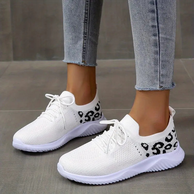 Women's Leopard Knit Sports Shoes, Breathable Lace Up Low Top Running Shoes, Casual Walking Tennis Sneakers Lady T Fashions