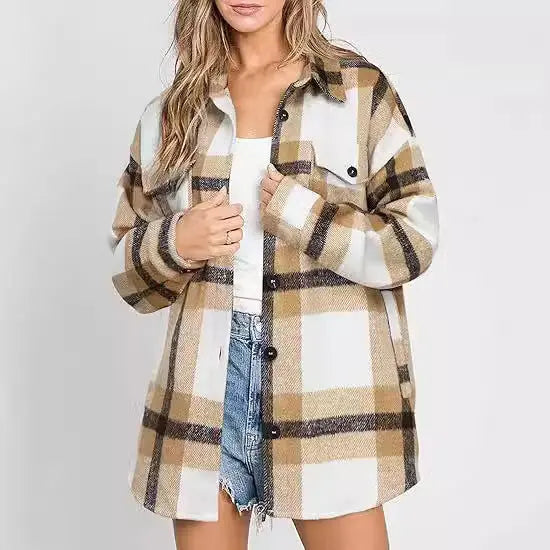 Women's Plaid Buckle Jacket Casual Fashion Long Sleeve Coat Lady T Fashions