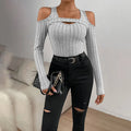 Women's Ribbed Long Sleeve Top Cut Out Front Detail Fitted Sexy Tee Casual Dressy T-Shirt Tops Lady T Fashions