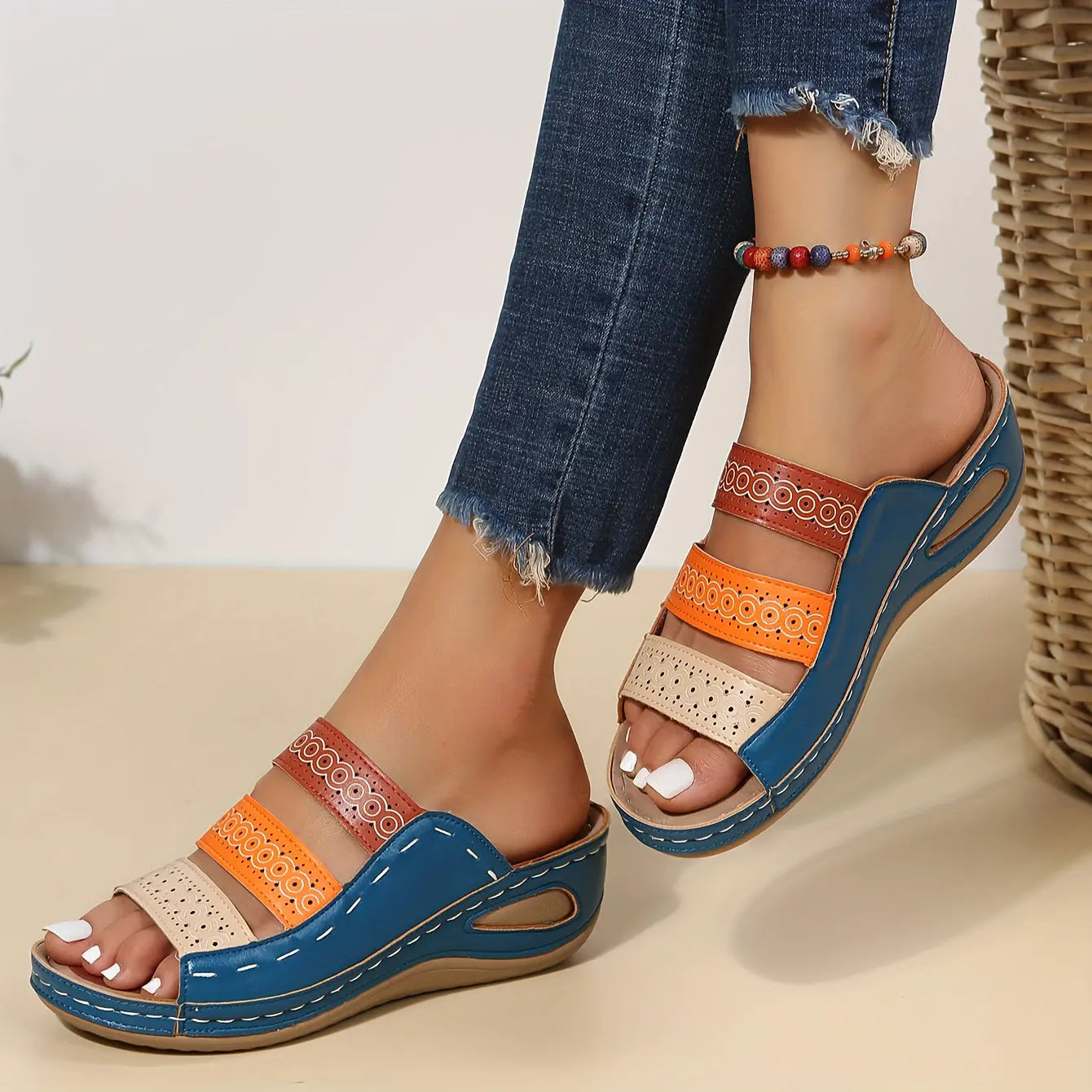 Women's Colorblock Wedge Sandals, Open Toe Hollow Out Slip On Slides Shoes, Casual Outdoor Slides Lady T Fashions