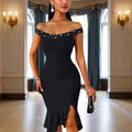 Women's Solid Color Beaded Off-Shoulder Bodycon Dress - Ruffle Hem & Slit Tight Midi Dress For Summer Parties Lady T Fashions