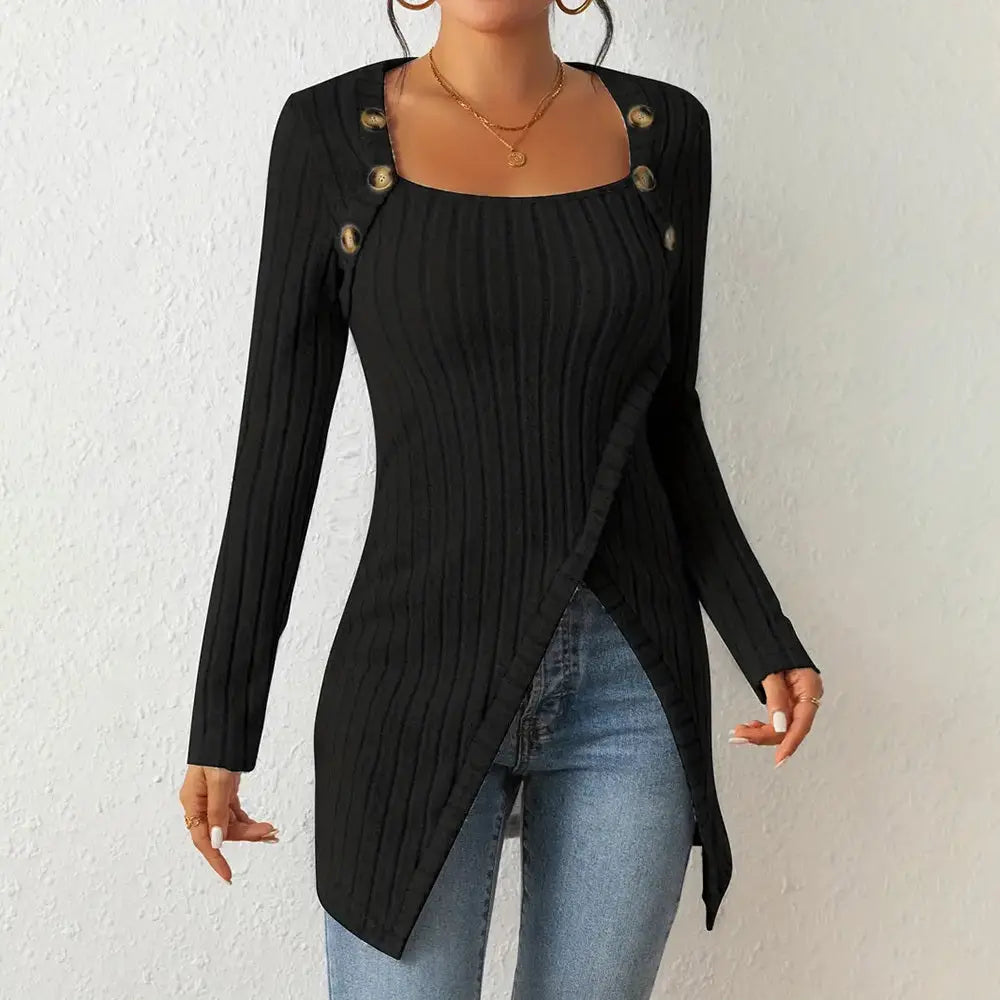 Elegant Women's Solid Color Slim-Fit Long Sleeve Top - Square Neck & Button Detail With Asymmetric Hem, Casual Fall&Spring Blouse Lady T Fashions