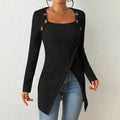 Elegant Women's Solid Color Slim-Fit Long Sleeve Top - Square Neck & Button Detail With Asymmetric Hem, Casual Fall&Spring Blouse Lady T Fashions