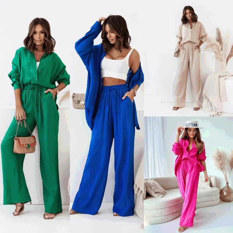 European And American Ins Style Solid Color Leisure Fashion Long Sleeve Blouse And Pants Lady T Fashions