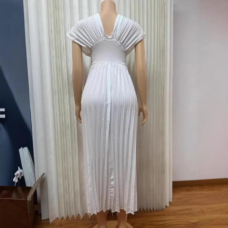 V-neck Sexy Bat Sleeve Slim-fit Pleated A- Line Dress Lady T Fashions