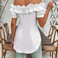 Women's Solid Color Off-Shoulder Ruffled Blouse - Waist Button-Down Shirt For Vacation & Daily Wear Lady T Fashions