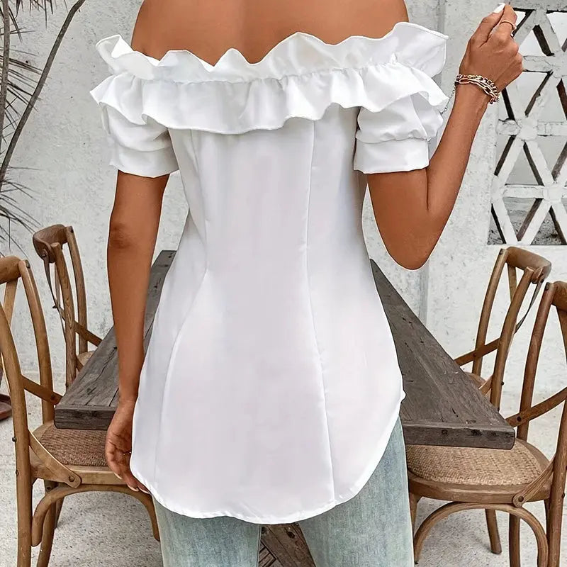 Women's Solid Color Off-Shoulder Ruffled Blouse - Waist Button-Down Shirt For Vacation & Daily Wear Lady T Fashions