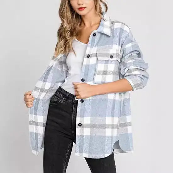 Women's Plaid Buckle Jacket Casual Fashion Long Sleeve Coat Lady T Fashions
