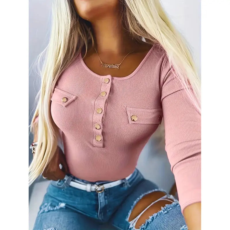 Womens Long Sleeves Ribbed Knit Tunic Shirts Scoop Neck Button-Up Tops Slim Fit Blouses Lady T Fashions