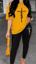Women's Alphabet Printed Round Neck T-Shirt And Leggings Set Lady T Fashions