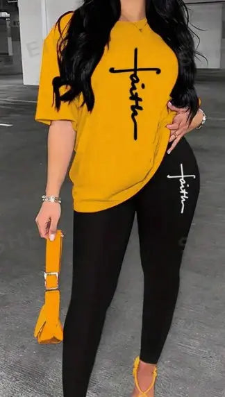 Women's Alphabet Printed Round Neck T-Shirt And Leggings Set Lady T Fashions