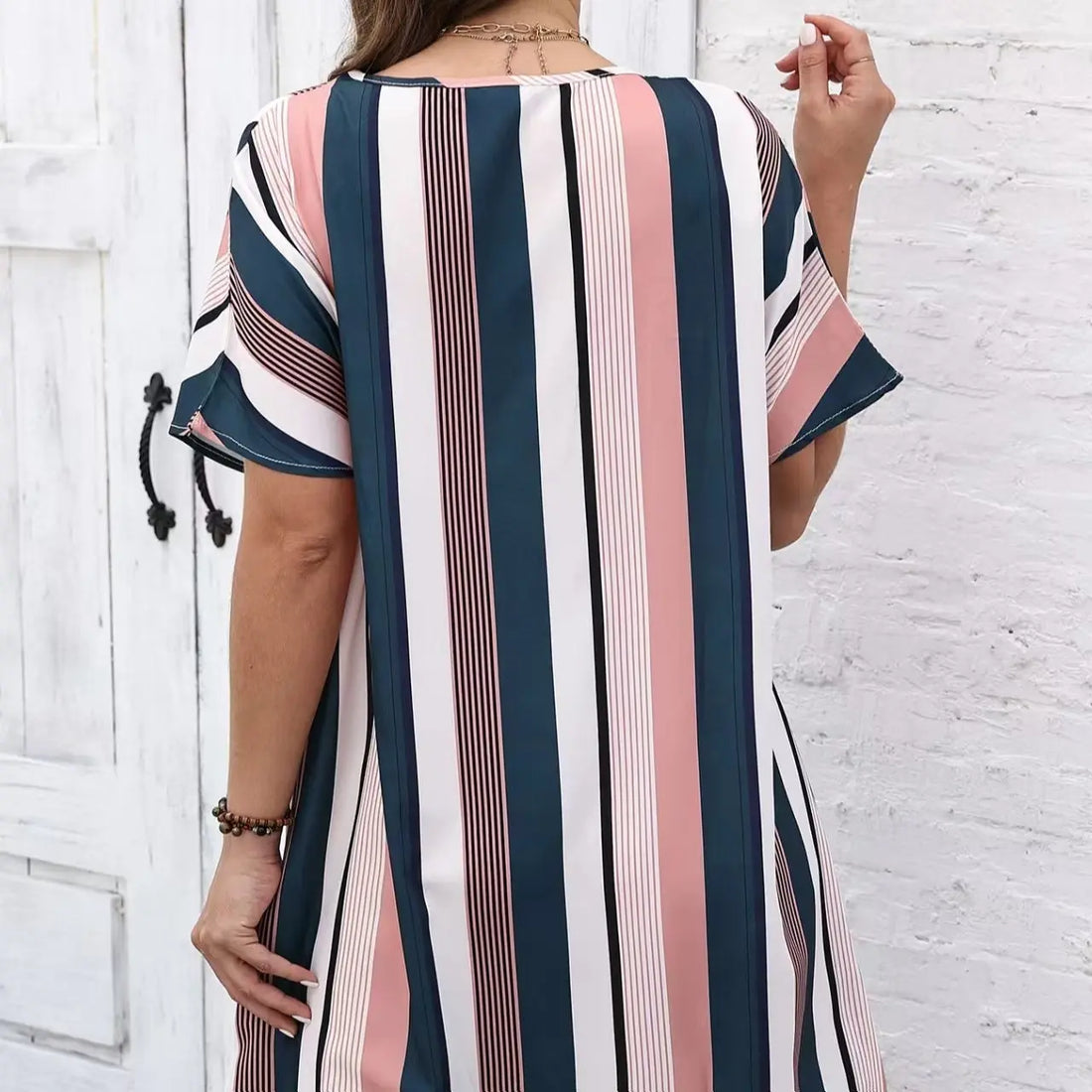 Ladies' Contrasting Striped Print Notch V-neck Short Casual Loose Dress Lady T Fashions