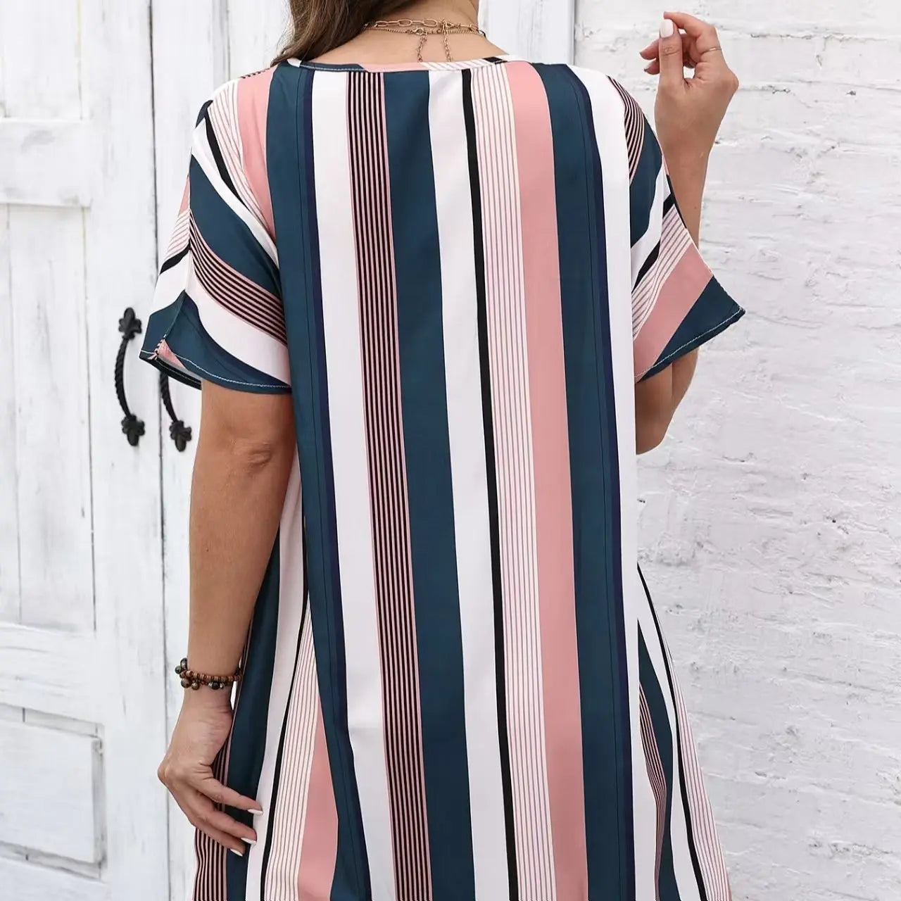 Ladies' Contrasting Striped Print Notch V-neck Short Casual Loose Dress Lady T Fashions