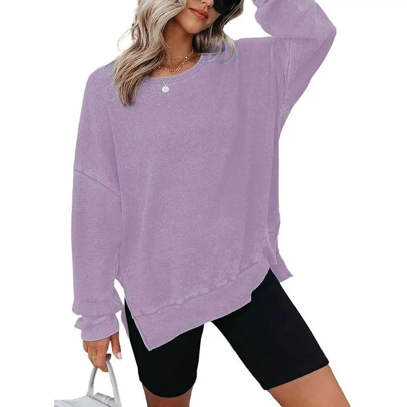 Womens Waffle Knit Crewneck Sweatshirts Long Sleeve Side Slits Casual Pullover Sweatshirt Tops Lady T Fashions