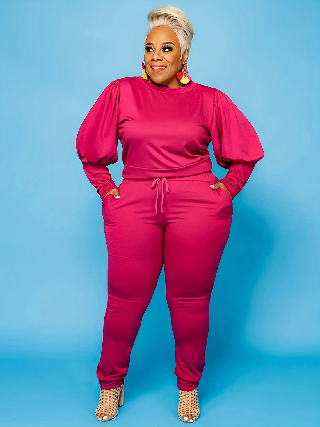 A Two-piece Set For Plus-size Women In Spring And Autumn, Featuring A Simple Solid-color Round-neck Top And Simple Solid-color Drawstring Tight-fitting Skinny Pants Lady T Fashions