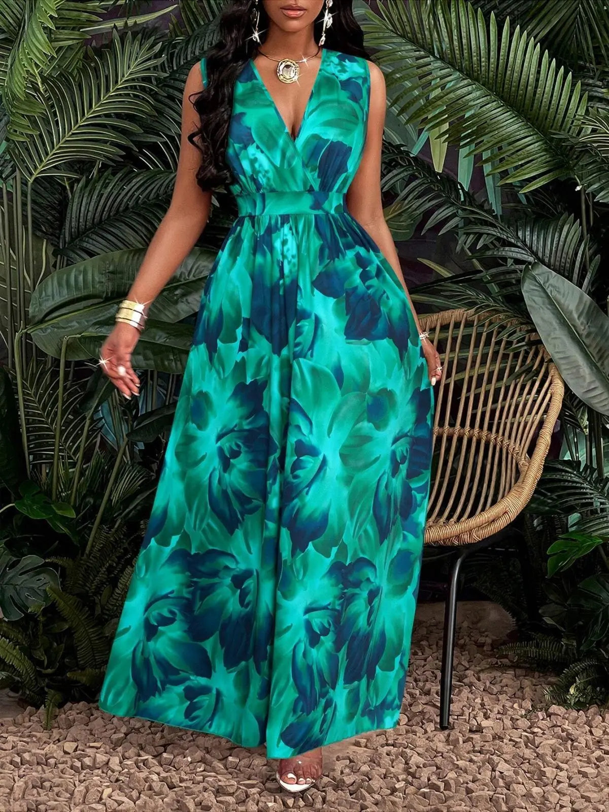 Tropical Printing V-neck Waist Twist Knitted Slim Fit Flare Skirt Lady T Fashions