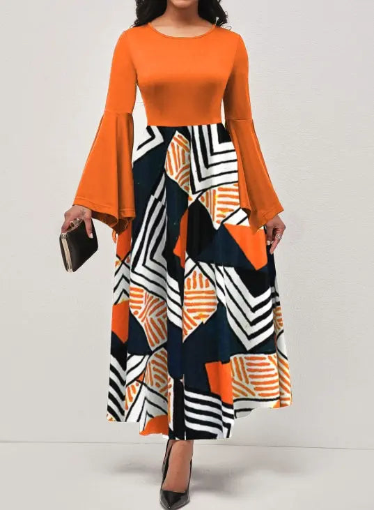 Ladies' Round Neck Printed Irregular Cuff Design Fashionable Dress Lady T Fashions
