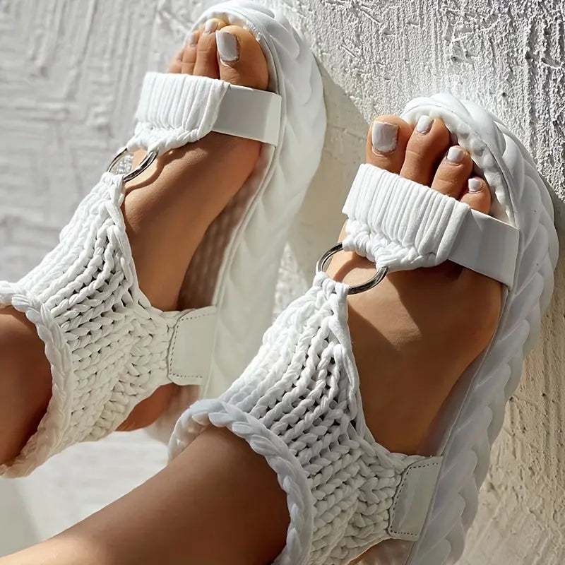 Women's Knitted Platform Sandals with Thick Cushioned Midsole - Adjustable Back Strap, Open-Toe Summer Shoes, Breathable Fabric Upper & TPR Sole for Casual Outings, Beach, Student Fashion, Ladies Sandals Lady T Fashions