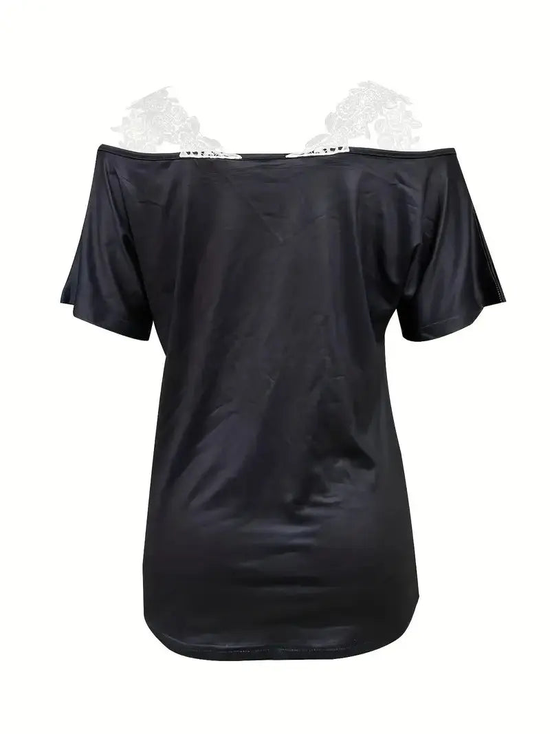 Spring Summer New Floral Print V-neck T-shirt Lace Casual Off-the-shoulder Short-sleeved Top Lady T Fashions