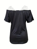 Spring Summer New Floral Print V-neck T-shirt Lace Casual Off-the-shoulder Short-sleeved Top Lady T Fashions