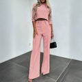 Women's Elegant Solid Color Half Sleeve Short Top With Straight Leg Pants Two-Piece Office Wear Suit With Pockets Lady T Fashions