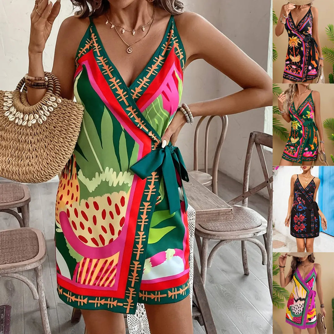 Women Spaghetti Strap Summer Dress V Neck Wrap Waist Tie Casual Beach Sundress Holiday Vacation Mini Dress Lady T Fashions