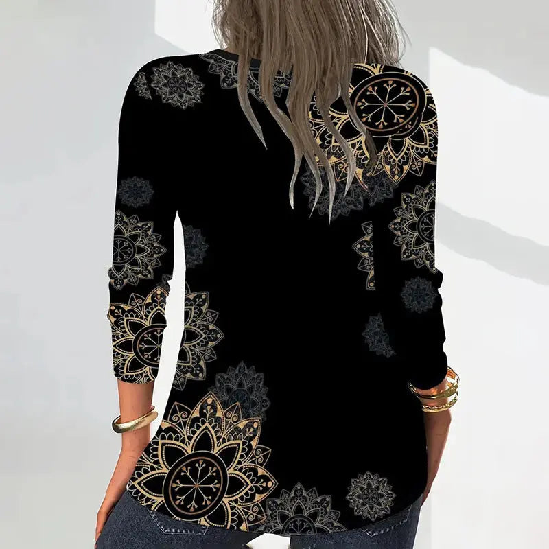 Women's Elegant Floral Print V-Neck Long Sleeve T-Shirt With Zip Detail - Slim Fit Casual Top For Spring&Fall Lady T Fashions