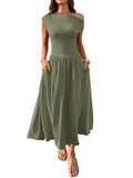Slant Shoulder Sexy Waist Trimming Long With Pocket Dress Lady T Fashions